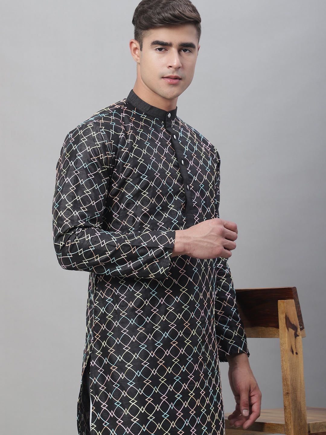Men's Silk Blend Black Kurta with Multi Color Embroidery-36