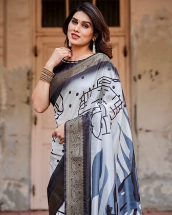 Monochrome Abstract Tussar Silk Saree with Charcoal Gray Zari Border-Regular