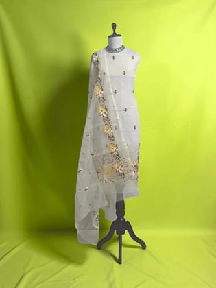 Handwoven Kota Doria Dress Material with Hand-Embroidered Floral Motifs