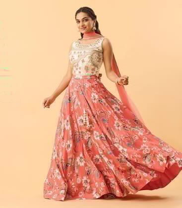 Embroidered Crop Top With Floral Printed Lehenga Skirt-L / Cream