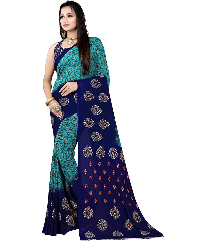 LEELAVATI Georgette Printed Saree With Unstitched Blouse Piece ( Navy Blue )