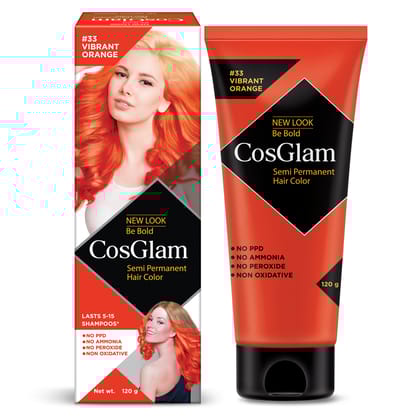 COSGLAM Semi Permanent Hair Color, No Peroxide, Non Oxidative, Ammonia Free Hair Colour 33 Vibrant Orange - 120gm