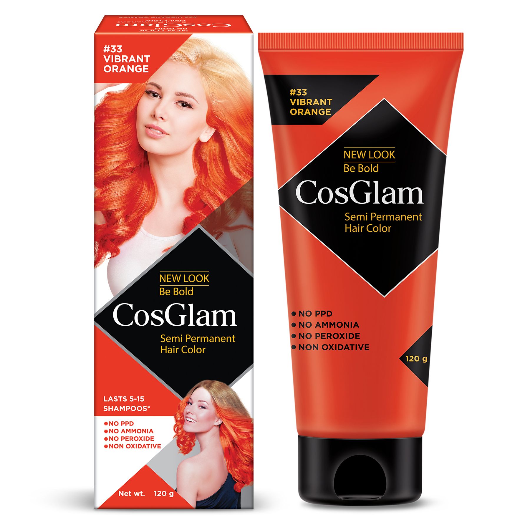 COSGLAM Semi Permanent Hair Color, No Peroxide, Non Oxidative, Ammonia Free Hair Colour 33 Vibrant Orange - 120gm