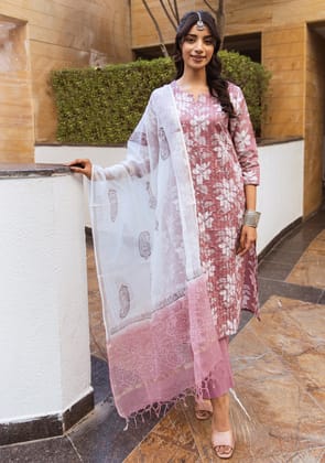 Plum Aura Suit Set with Kota Dupatta-S