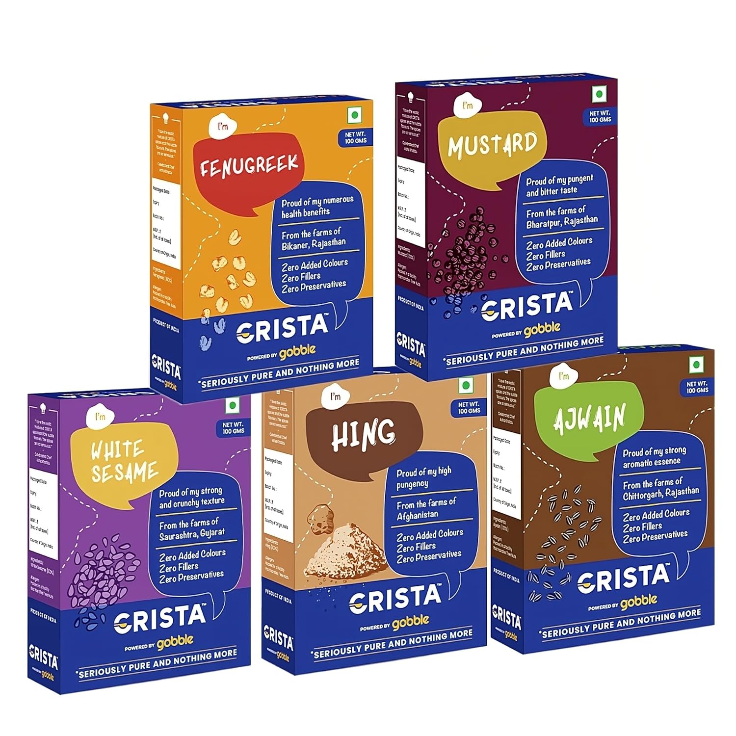 CRISTA Tempering Spices (Masala) Combo Pack (Ajwain 100 gm, Mustard 100 gm, Fenugreek 100 gm, White Sesame 100 gm & Hing 100 gm) - Pack of 5