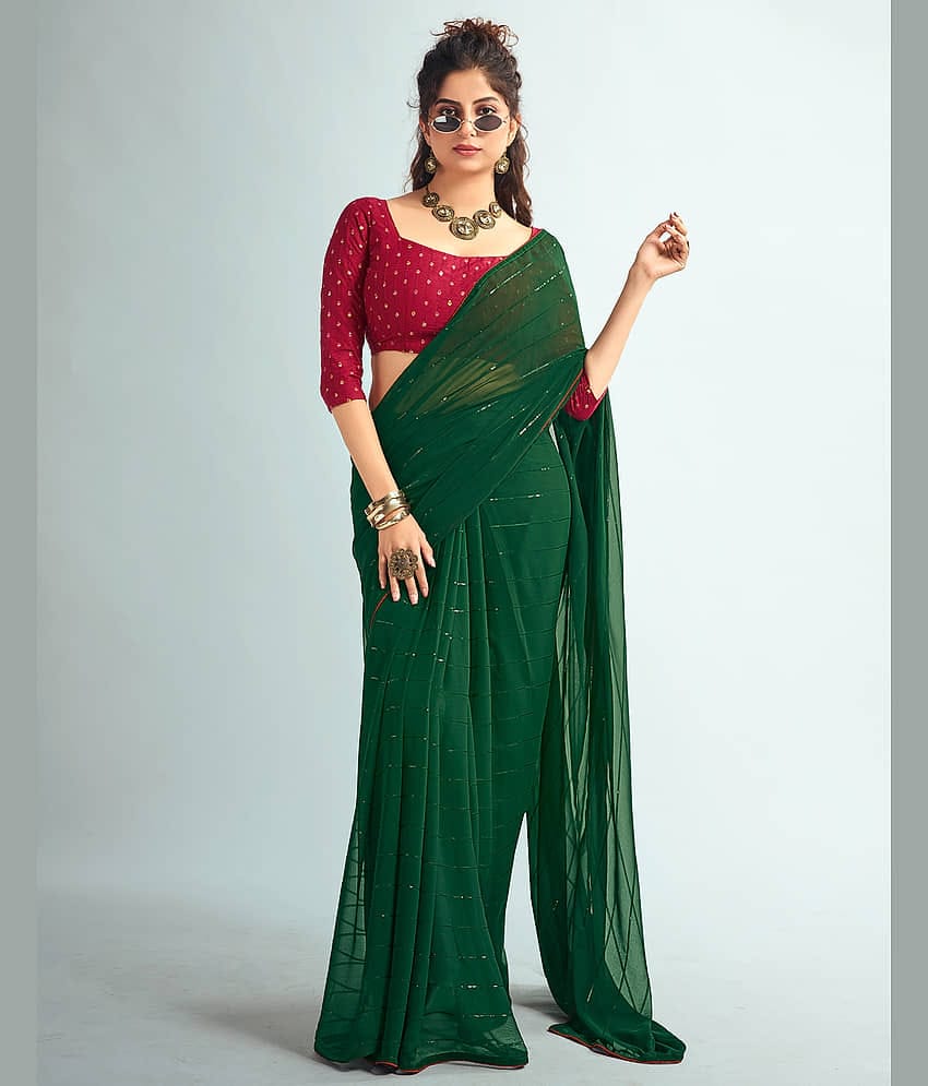 Samah Georgette Embellished Saree With Unstitched Blouse Piece ( Green )
