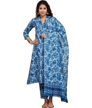 Rajnandini Women Cotton Blend Printed Anarkali Kurti With Pants ( Blue )