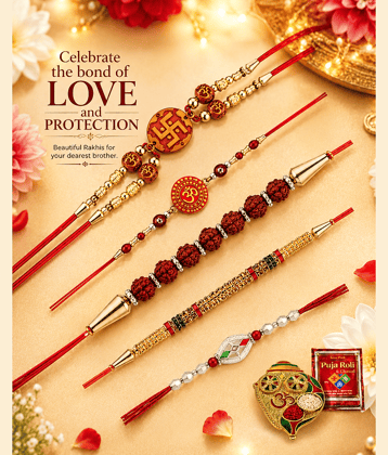 Gift N Shift India Religious 5 Rakhi, 1 pooja plate, 1 Rollie chawal packet Bhaiya Bhabhi Rakhi ( Pack of 5 , Multicolour )