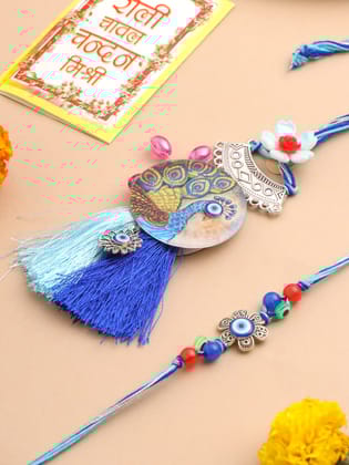 NVR Set of 2 Blue Evil Eye & Peacock Design Artificial Beads Bhaiya Bhabhi Rakhi With Roli Chawal Chandan & Mishri-One Size / Blue