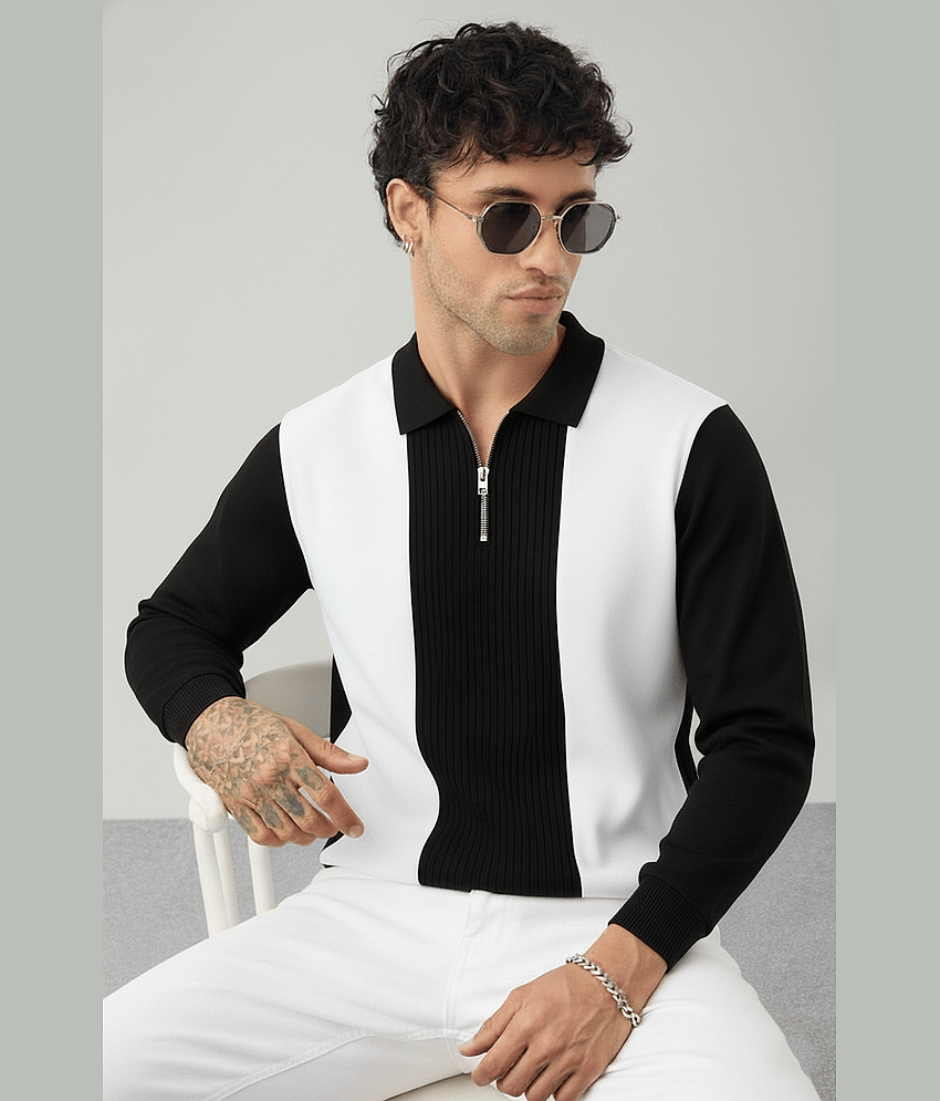 Try This Men Cotton Blend Regular Fit Colorblock Polo T Shirt ( Black )