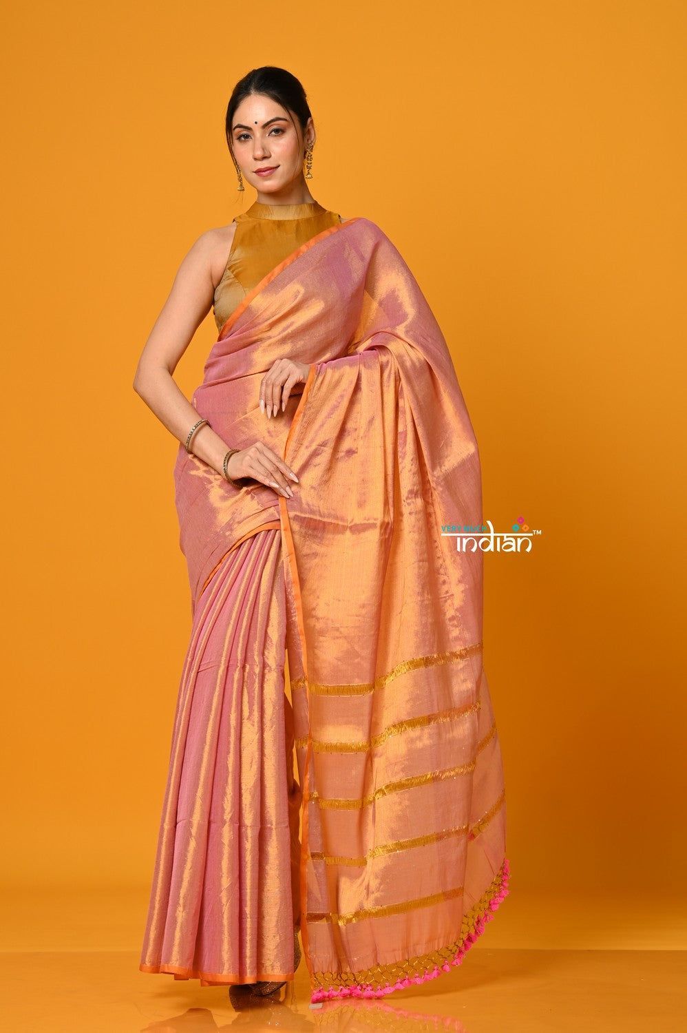 Param Sundari ~ Exclusive Handloom Pure Tissue Cotton Saree in Powder Pink Gold