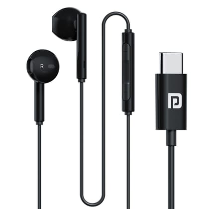 Portronics Conch Theta C in Ear Type C Wired Earphones with in Line HD Mic, Powerful Audio, 14.2mm Driver, Unique Earbuds Design (Black)
