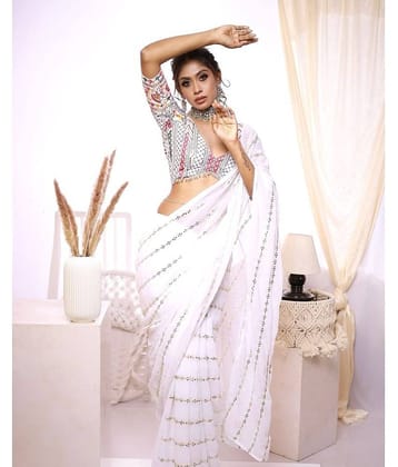Apnisha Georgette Embroidered Saree With Unstitched Blouse Piece ( White )