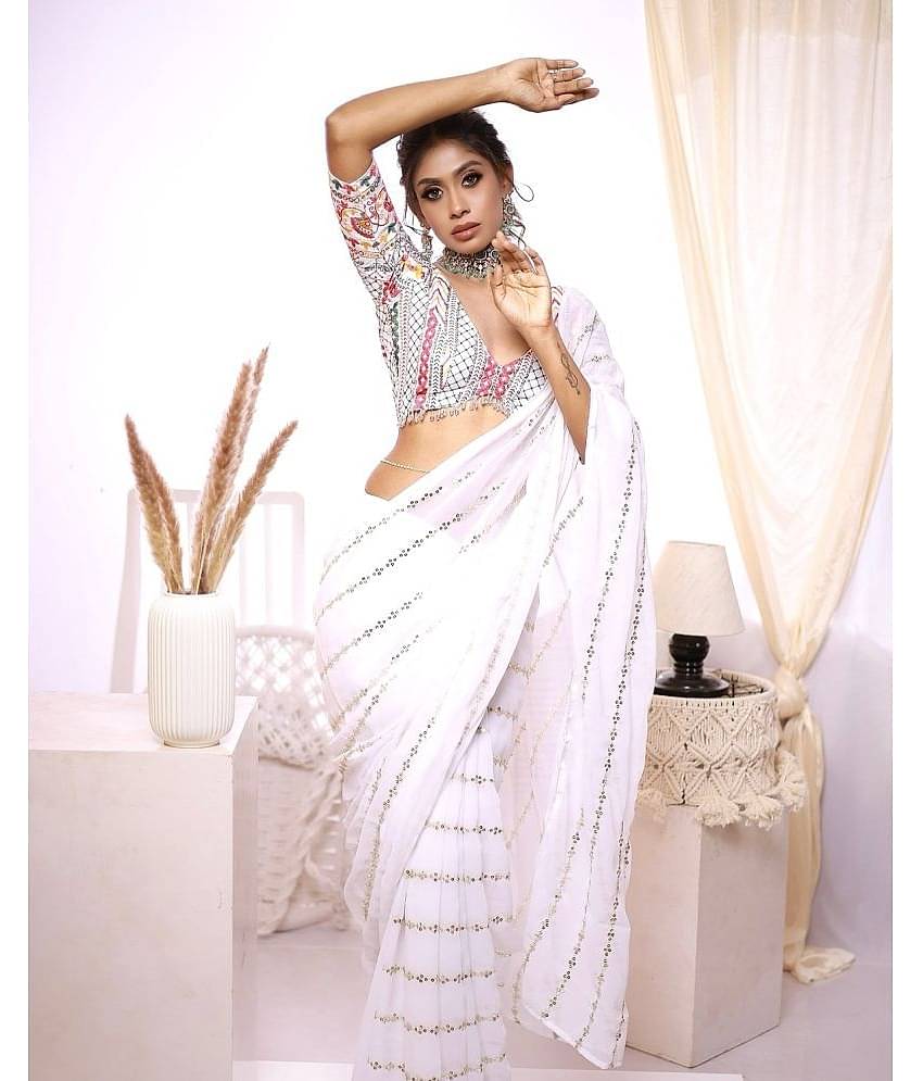 Apnisha Georgette Embroidered Saree With Unstitched Blouse Piece ( White )