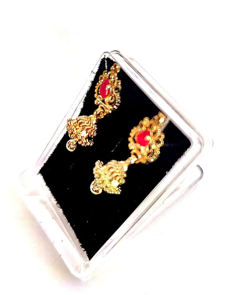 Gold Plated Traditional Indian Jhumka Earrings with Red Stones