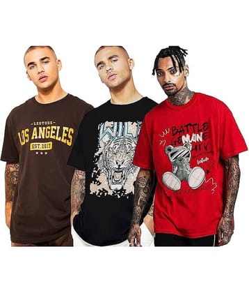 Leotude Pack of 3 Cotton Blend Oversized Fit Men's T-Shirt ( Brown )