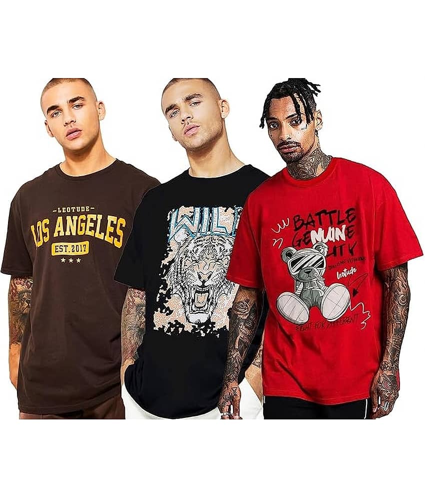 Leotude Pack of 3 Cotton Blend Oversized Fit Men's T-Shirt ( Brown )