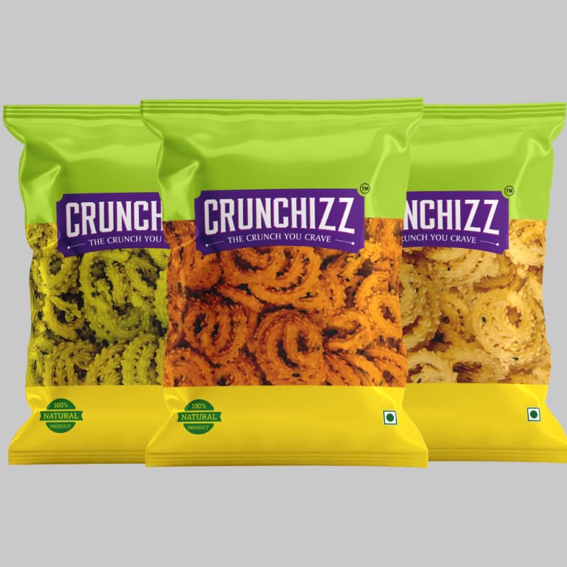 CRUNCHIZZ - 3 in 1 SPRING CHAKLI/MURUKKU COMBO I Spicy, Salty & Palak Flavors I Traditional South Indian Recipe I No Artificial Additives I Authentic & Crunchy I 250 Gram Each I Total 750 Grams
