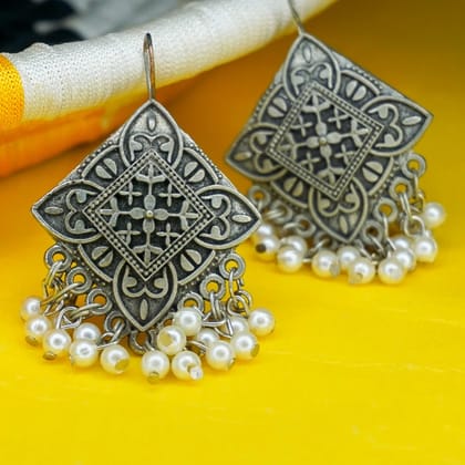 Oxidised Afghani Hook Pearl Work Earrings for Women Girls