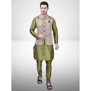 PrintCultr Men Silk Blend Green Kurta Pyjama Ethnic Jacket Set