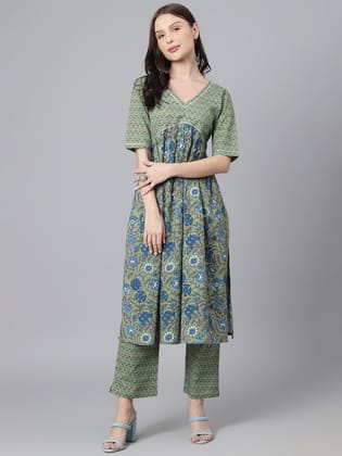 Green Blue Floral Aline Kurta Pant Set-L