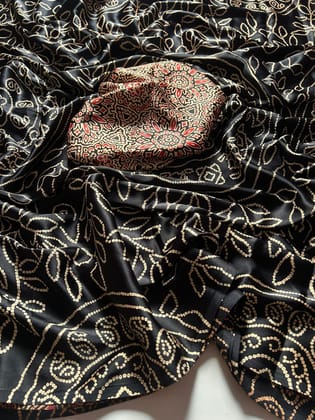 New Festive Wear Pure Satin Silk Bandhani Print Rich Pallu Fancy Designer Saree-Black