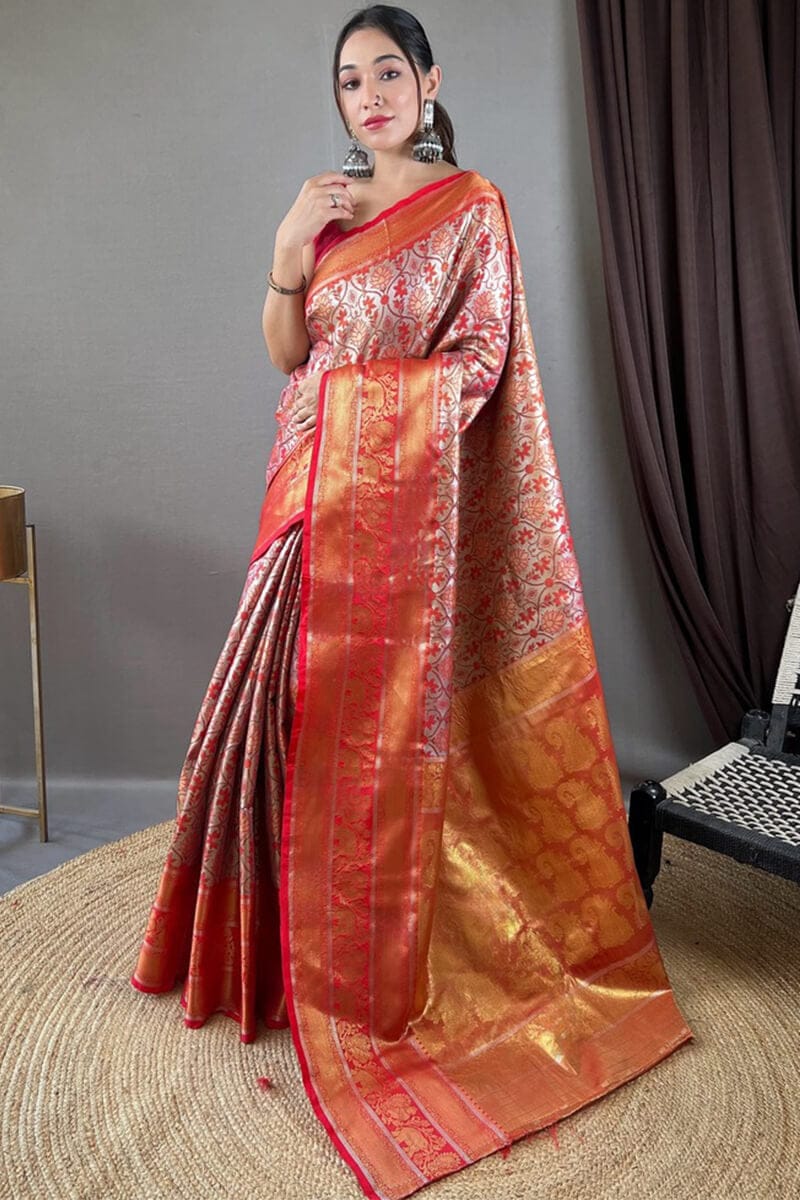 Cadmium Red Kanjivaram Silk Saree