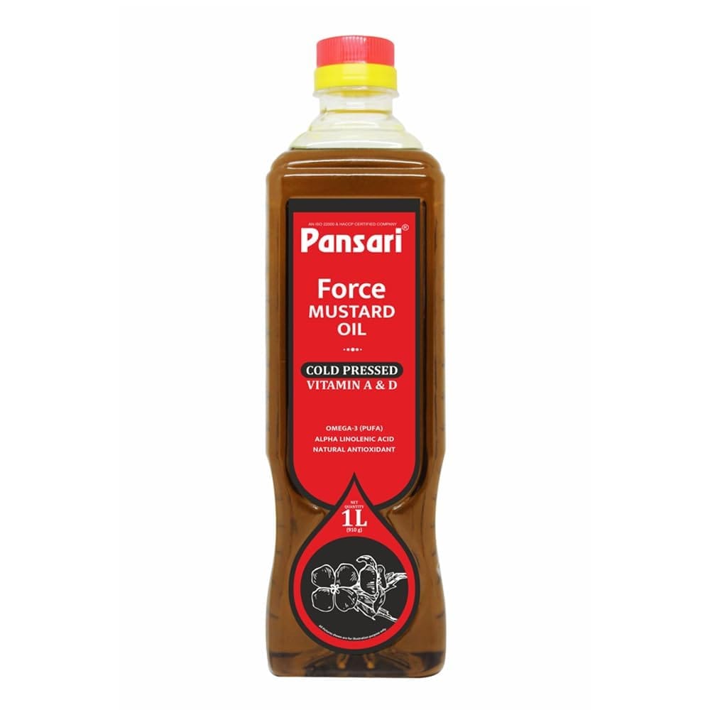 Pansari Force Mustard Oil - Premium Cold-Pressed First-Press Black Mustard Oil, Lab-Tested, High in Omega-3, Rich in Vitamins & Antioxidants, Pure & Natural | Ideal for Cooking, Massage, and Oral Health | 1L