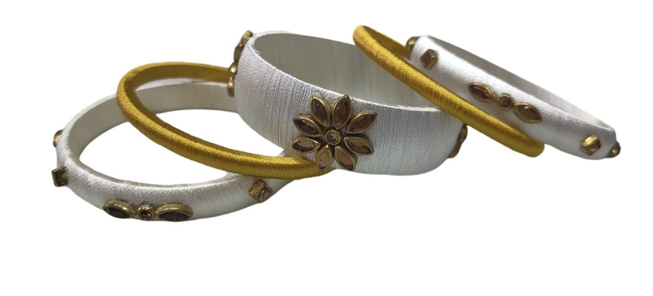 White and Golden Silk Thread Bangle Set with Stone Work for Women