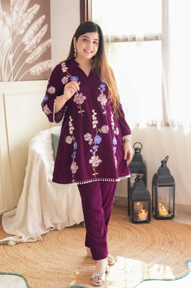Surma Wine Embroidered Velvet Cord Set-S-M