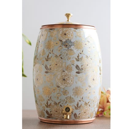 Handcrafted Pure Copper Water Pot with Gold Print Design, Ayurveda Water Vessel, 10 Ltr.-FlowerPrint