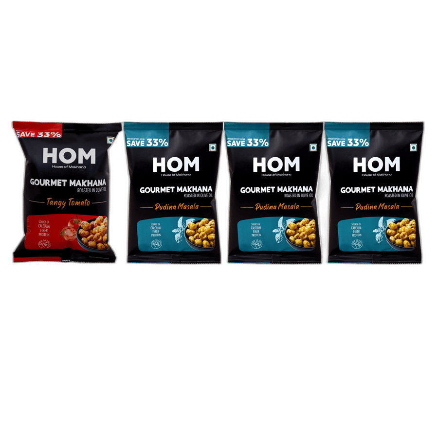 Gourmet Makhana (Pack of 4) with flavors of 3 Pudina Masala and 1Tangy Tomato. - 56 gm