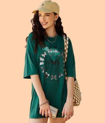 Christy World Women Cotton Printed Oversized Fit Round Neck T-Shirt ( Green )