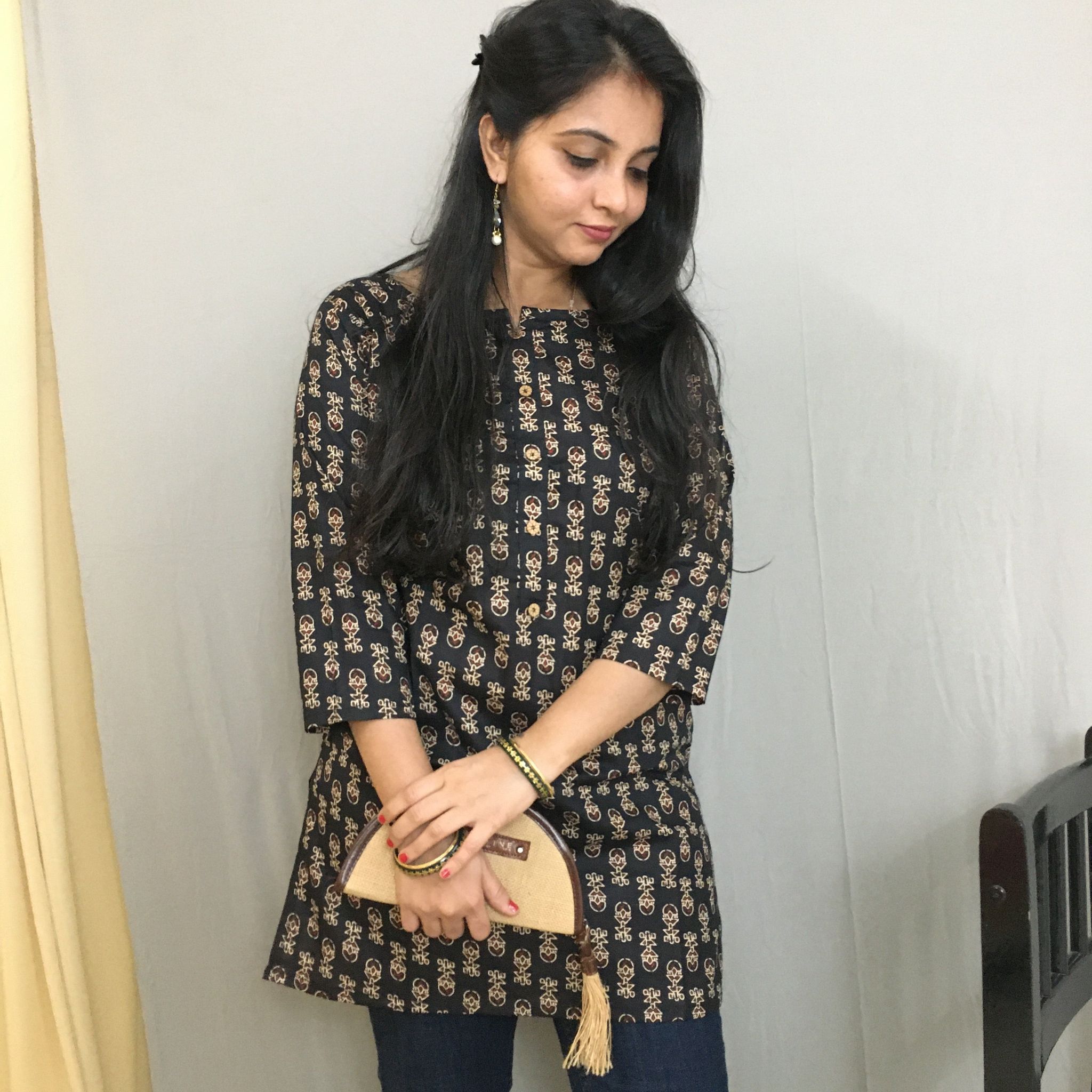 Black Cream Ajrakh Short  Kurti  - Pure Cotton-38 - M
