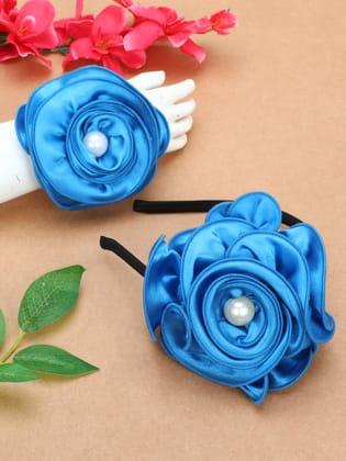 Satin Flower Bracelet & Hairband Set-Blue-one Size / Blue