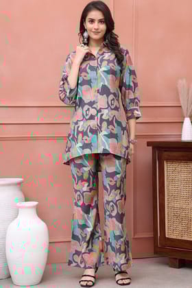Grey Color Abstract Printed Premium Chanderi Co-ord Set-S