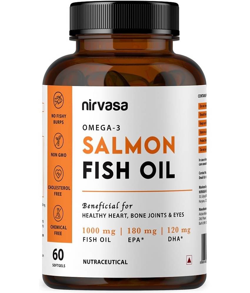 Nirvasa Salmon Fish Oil Softgel Capsule, for Healthy Heart, Brain and Eyes, enriched with Fish Oil 1000mg, EPA 180 mg (1 X 60 Softgel Capsules)