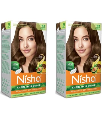 Nisha Creme Hair Color 5.0 Light Brown 120g Pack of 2, Permanent Hair Colour, No Ammonia, 100% Grey Coverage