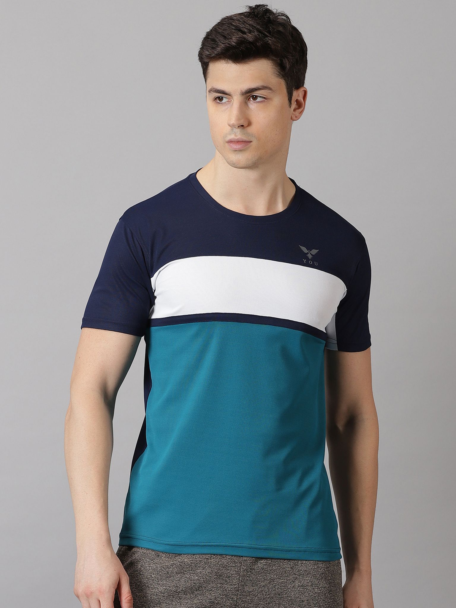 Polyester Navy & Green Round Neck