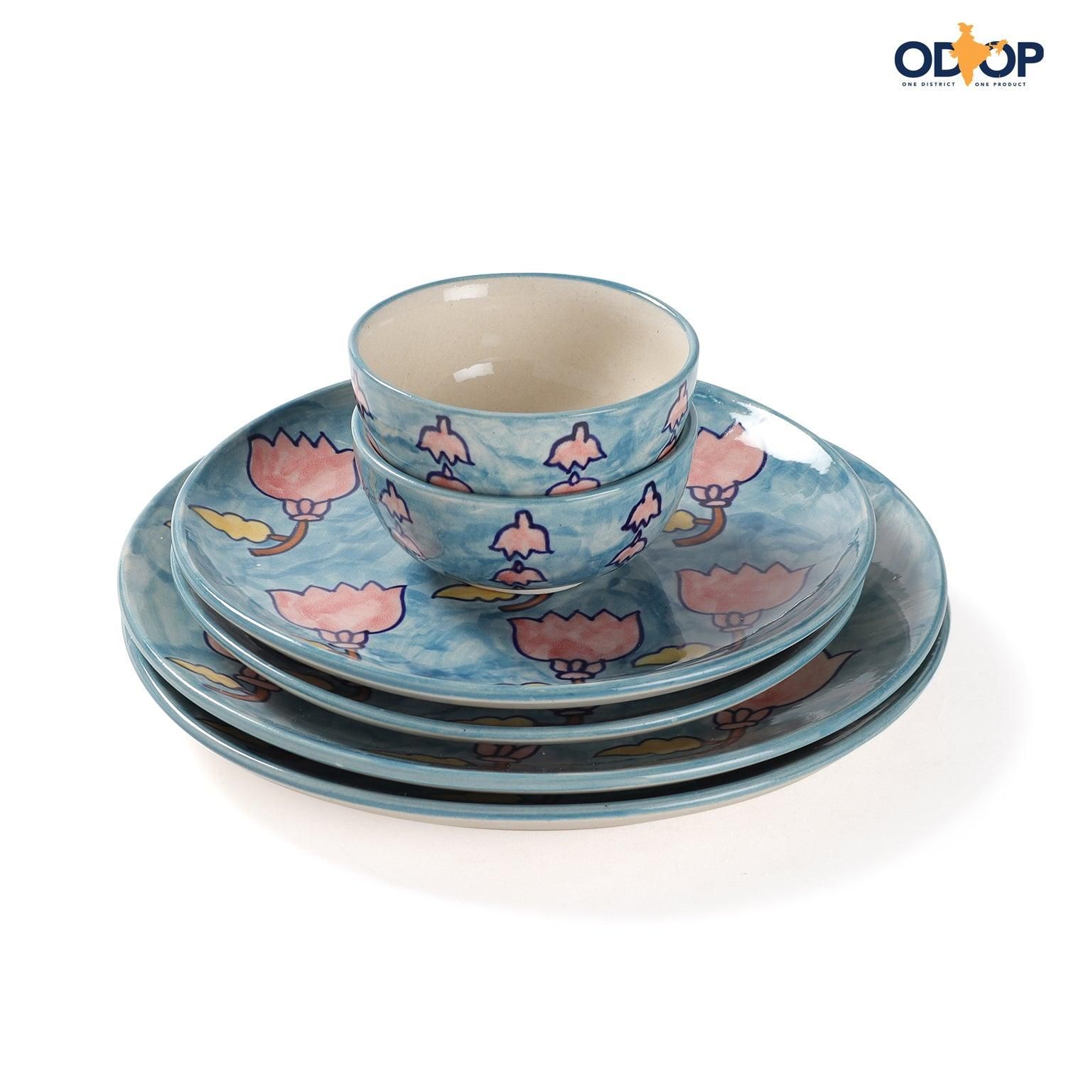 Lotus Hand-Painted 6-Piece Ceramic Dinner Set-10 Inches / Blue / Pink / Yellow / Ceramic