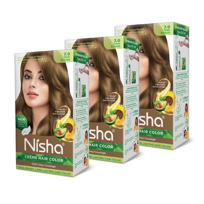 Nisha Creme Hair Color 7.0 Dark Blonde 120g Pack of 3, Permanent Hair Colour for Long Lasting Hair, 100% Grey Coverage
