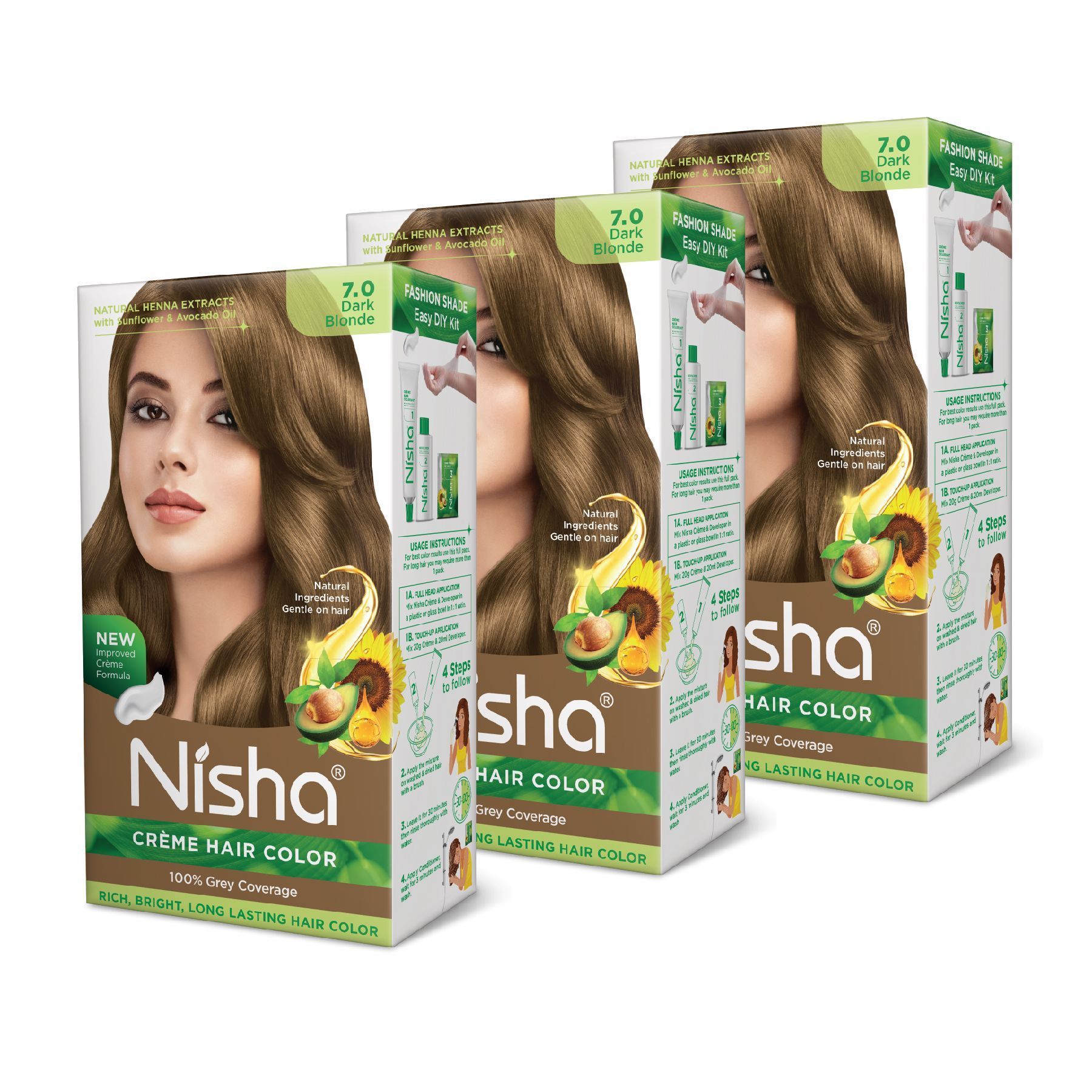 Nisha Creme Hair Color 7.0 Dark Blonde 120g Pack of 3, Permanent Hair Colour for Long Lasting Hair, 100% Grey Coverage