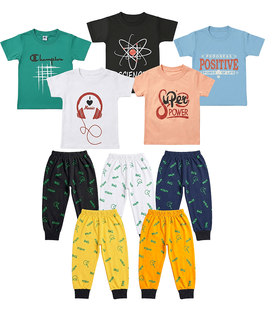 FANCY WEAR Pack of 5 Boys Cotton Blend T-Shirt & Pants Set ( Multicolor )