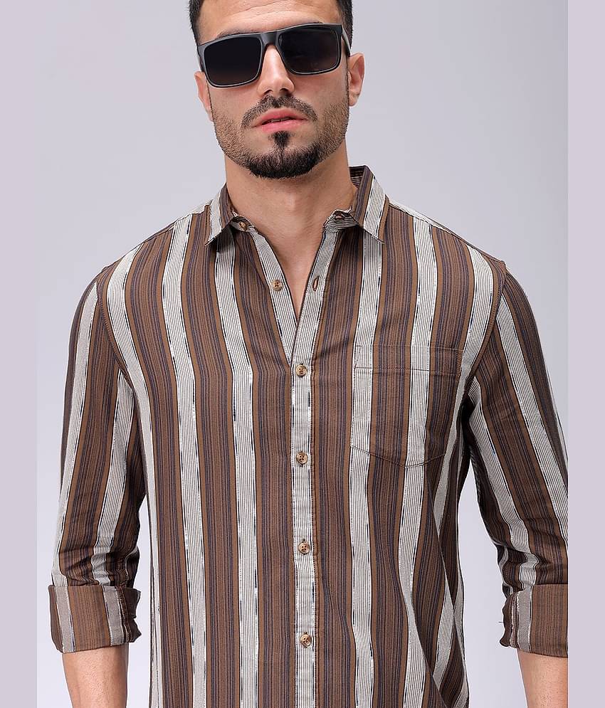 The Indian Garage Co. Poly Cotton Slim Fit Striped Full Sleeves Men's Casual Shirt - Khaki ( Pack of 1 )