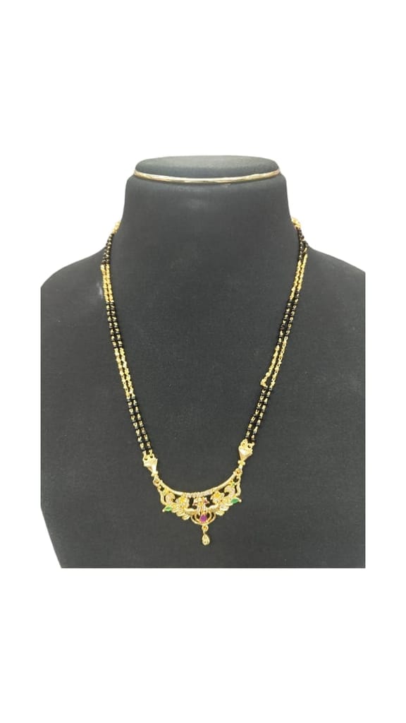 Gold Mangalsutra Necklace for Women with Black Beads and Floral Pendant