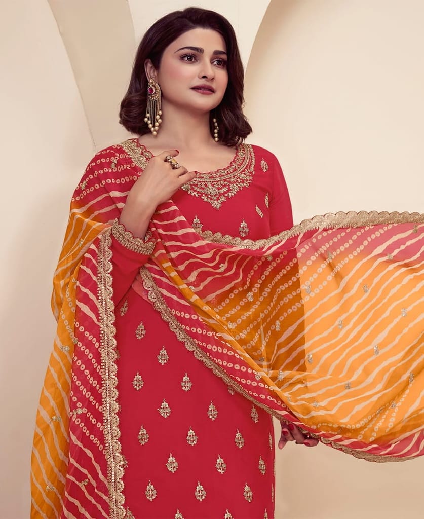 designer red chinon straight suit for women ethnic wear