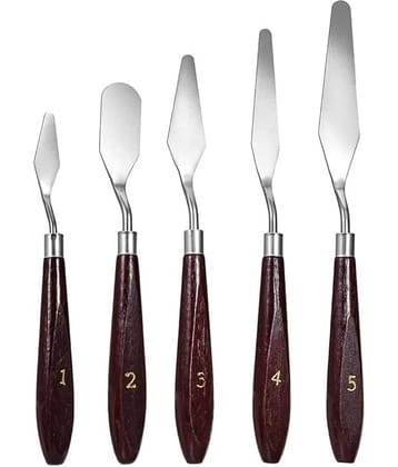 Freedy  Palette Painting Knives - Set of 5 Various Sizes & Shapes, Stainless Steel Scraper Spatula with Polished Brown Handle for Artist Canvas Oil Paint Mixing Colour(L)