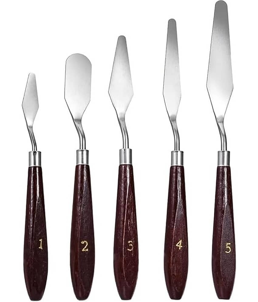 Freedy  Palette Painting Knives - Set of 5 Various Sizes & Shapes, Stainless Steel Scraper Spatula with Polished Brown Handle for Artist Canvas Oil Paint Mixing Colour(L)