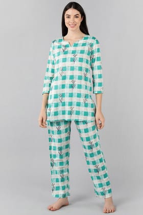 Sea Green Cotton Checked Night Suit VNWK1048
