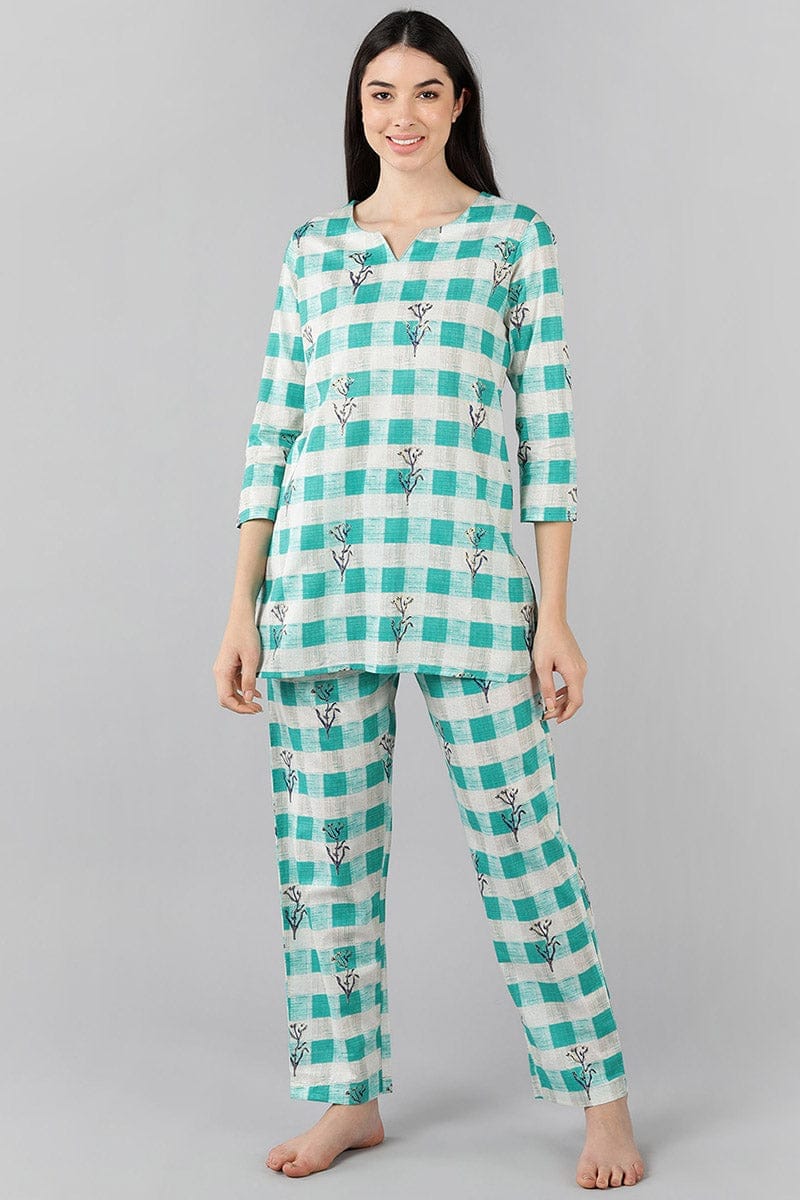 Sea Green Cotton Checked Night Suit VNWK1048